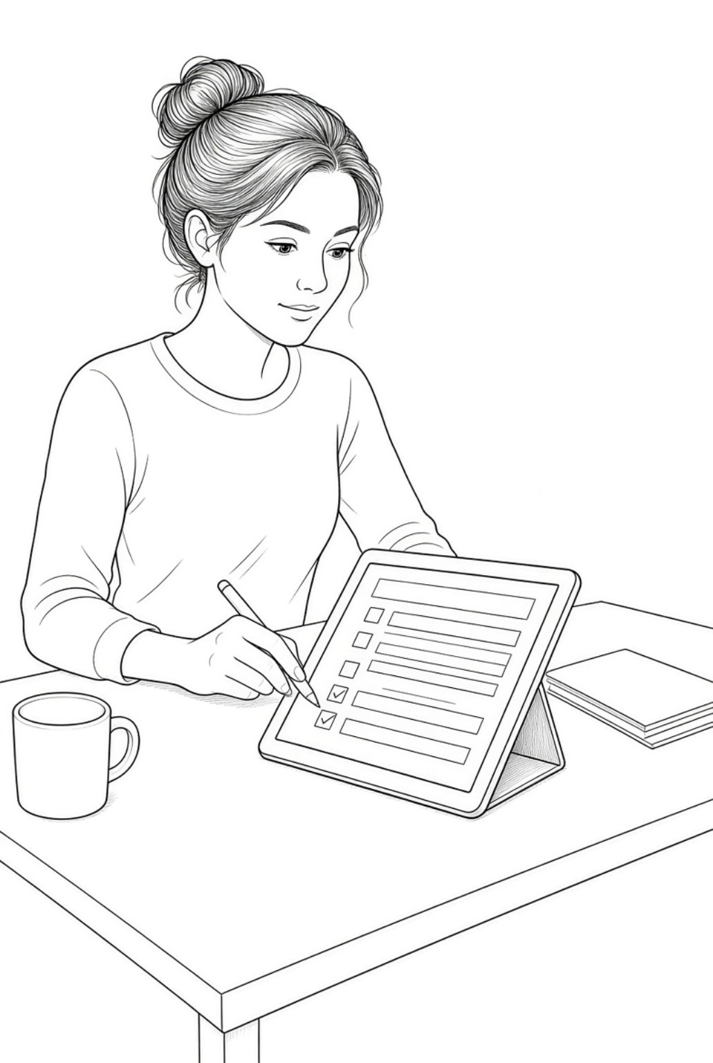 Ilustração de uma mulher respondendo a um questionário digital de sintomas